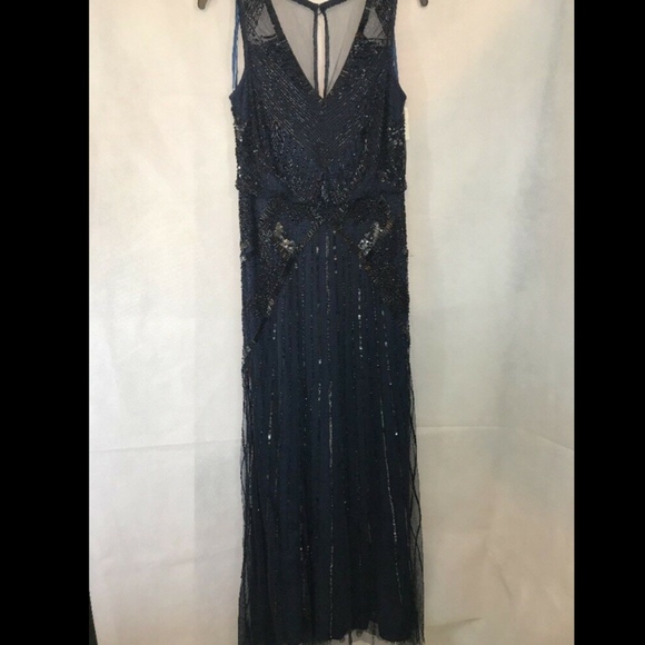 NWT Aidan Mattox V-Neck Blouson Beaded Gown‎ in Navy Blue/Black [SZ 6 US] - Picture 2 of 7